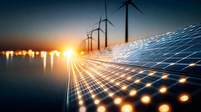 Solar panel array at sunset with glowing cells and distant wind turbine silhouettes conveying clean energy innovation and hope