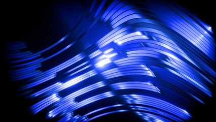 Abstract Blue Glossy Curved Stripes Background, Futuristic Digital Data Stream and High-Speed Technology Concept, artificial intelligence, fractal glass