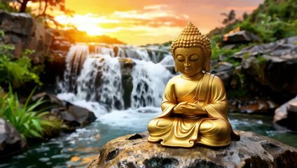 Golden Buddha statue by serene waterfall at sunset in tranquil nature setting