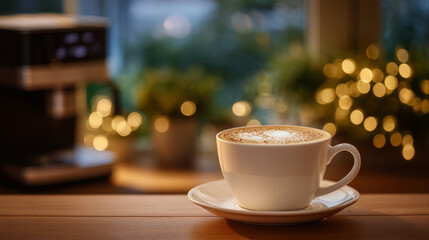 Black coffee machine steaming fresh cappuccino into a ceramic cup, warm golden light illuminating the countertop, soft bokeh background with wooden textures creating a cozy morning