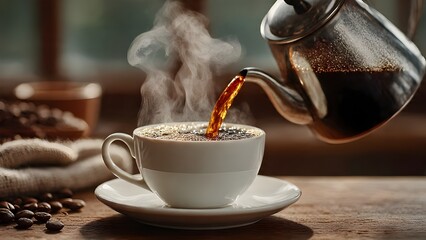 Pouring Fresh Hot Steaming Coffee into a Ceramic Cup on a Wooden Table