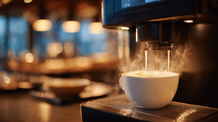 Close-up of black coffee machine frothing milk for cappuccino, rising steam curling in warm ambient light, rustic kitchen elements softly blurred in background