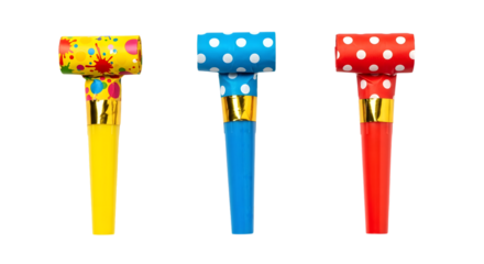 Three party blowers in yellow with paint splatters blue with white polka dots and red with white polka dots isolated on a transparent background
