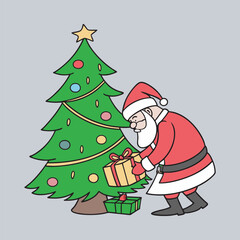  Santa claus putting gift under christmas tree vecto