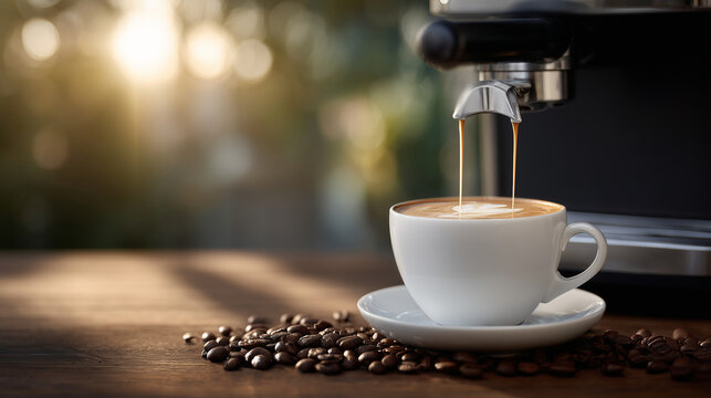 Black espresso machine pouring velvety cappuccino into a white cup, warm sunlight streaming through window, scattered coffee beans on wooden table enhancing inviting atmosphere