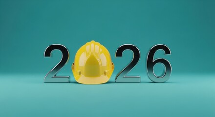 New Year 2026 concept with a yellow construction hard hat replacing the number zero on blue background