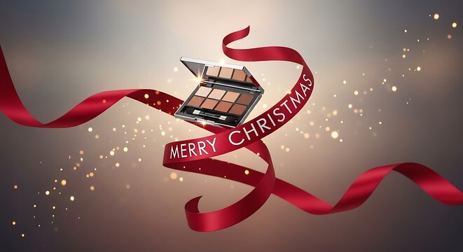 Festive christmas makeup palette with red ribbon and bokeh lights for holiday beauty promotions and cosmetic product advertising campaigns