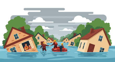 Flat vector flooded neighborhood with rescue teams helping residents by boat. Ideal for flood awareness campaigns, emergency response guides, weather alerts, and safety materials