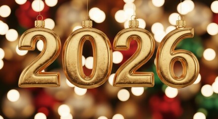 Hanging, textured golden ornaments spelling 2026 against a warm, festive holiday bokeh background