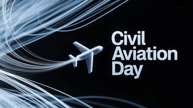 Civil aviation day concept featuring a wireframe aircraft and light trails