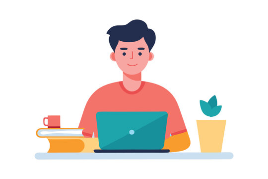 Young man working remotely on laptop at desk with books and plant, focused on his online tasks and studies, smiling