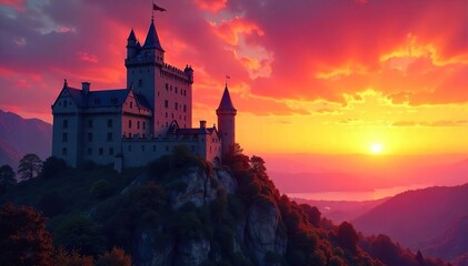 Majestic Medieval Castle Silhouetted Against a Vibrant Sunset Sky, a Picturesque Scene of Historical Architecture and Natural Beauty.