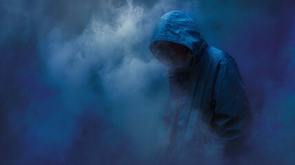 A mysterious figure cloaked in shadows, shrouded in a smoky haze, and evoking a sense of enigma