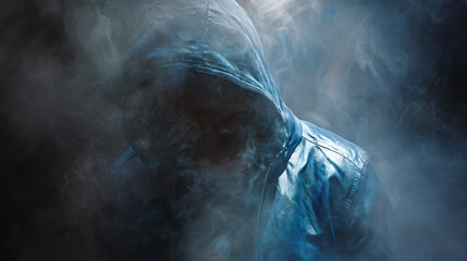 Mysterious hooded figure emerges from the fog, enveloped in an aura of enigma and suspense. The person in the hoodie shrouded in shadows, adding to the intrigue.