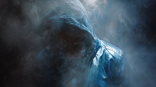 Mysterious hooded figure emerges from the fog, enveloped in an aura of enigma and suspense. The person in the hoodie shrouded in shadows, adding to the intrigue.