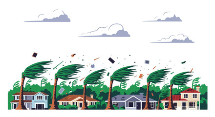 Flat vector hurricane striking coastal homes with strong winds and debris. Ideal for weather alerts, disaster prevention guides, preparedness training, and educational materials