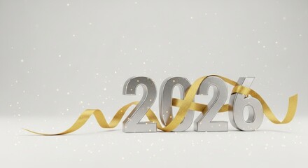 Fototapeta premium Matte silver 2026 numbers wrapped in a sparkling gold ribbon on a subtle, light gray background