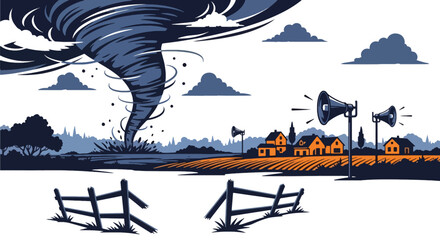 Flat vector tornado funnel heading toward a rural town with warning sirens activated. Ideal for meteorology graphics, disaster preparedness, emergency planning, and safety campaigns