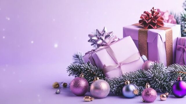 Texte en anglais &laquo; Merry Christmas & Happy New Year &raquo; sur fond violet pastel avec cadeaux, d&eacute;corations et branche de sapin pour No&euml;l, Nouvel An et Saint-Sylvestre