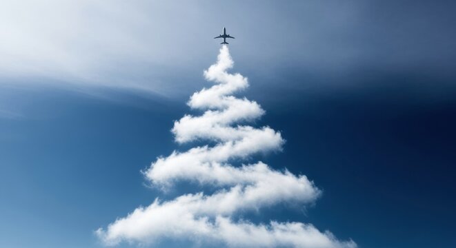 An airplane flying above a unique cloud contrail shaped like a Christmas tree in a blue sky