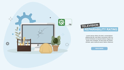 Television Repairability Rating with Broken Screen and Tools. Damaged television on a workspace with repairability score symbolizing maintenance and sustainable electronics. Vector illustration