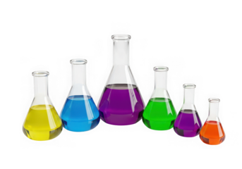 Diverse laboratory flasks filled with colorful liquids in varying sizes.