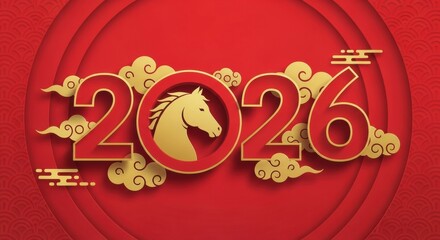 Chinese New Year 2026 design in paper cut style with gold horse zodiac and clouds on a red background