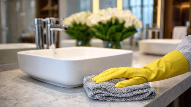 Woman scrubbing toilet seat in yellow gloves, modern bathroom interior, sparkling white fixtures and clean countertop, atmosphere of order and freshness