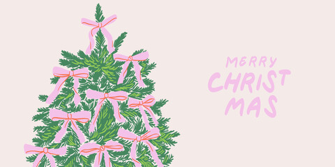 Christmas holiday banner, card, poster, cover, background. Modern whimsical xmas design with hand drawn beautiful Christmas tree with pink bows and ribbons for seasonal greetings, sales, print, ads.