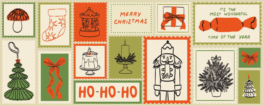 Winter holidays hand drawn post stamps in doodle sketch style. Christmas or new year postal elements for poster, placard or postcard prints. Xmas vector illustrations for mail, letters and scrapbook. - Powered by Adobe