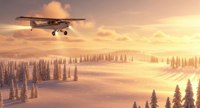Small plane flying over a serene, golden sunset winter landscape with snowy spruce trees