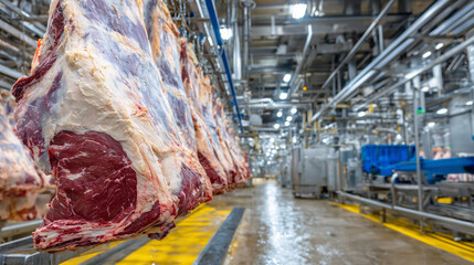 Wide-angle view of industrial meat plant with rows of hanging beef carcasses, bright fluorescent illumination casting reflections on metallic rails and cold floor