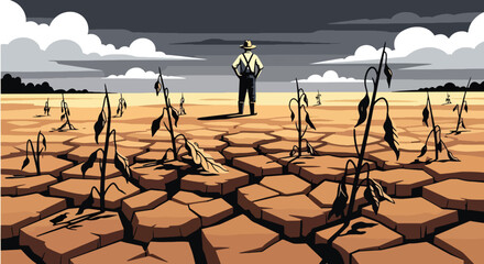 Flat vector drought scene with cracked earth and dried farmland under extreme heat. Ideal for climate change visuals, environmental studies, farming impact guides, and awareness content © meeblues