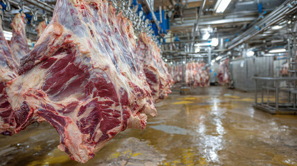 Industrial meat plant interior, beef carcasses suspended on hooks, cold metallic rails and reflective concrete floor under harsh fluorescent lighting, emphasizing large-scale proce