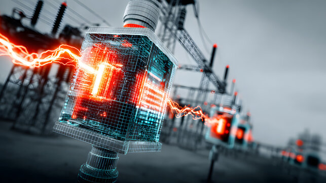 Smart digital substation transformer with glowing high voltage arc conveying energy and advanced grid monitoring