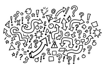 A chaotic collection of hand drawn black arrows question marks exclamation points and geometric shapes on a white background