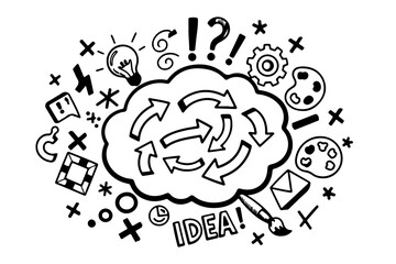 Doodle art illustration of a cloud filled with circular arrows representing ideas and innovation surrounded by creative symbols and question marks