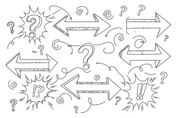 Collection of hand drawn question marks arrows and swirls representing confusion doubt and decision making