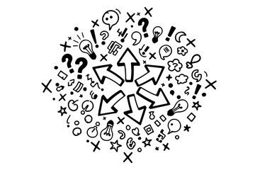 Doodle illustration of multiple arrows pointing outwards from a central point surrounded by various symbols and icons