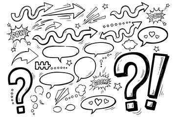 Collection of hand drawn black and white comic style elements including arrows speech bubbles question marks and exclamation points