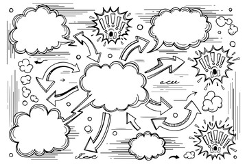 Hand drawn black and white doodle style speech bubbles arrows and exclamations representing ideas and communication