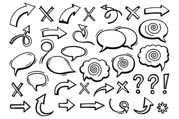 Collection of hand drawn doodle arrows speech bubbles question marks and crosses isolated on white background