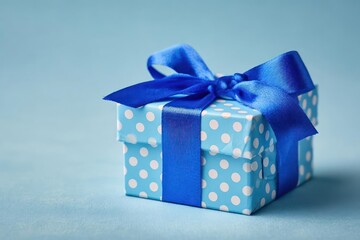 A beautifully wrapped blue gift box adorned with a satin ribbon and bow presented on a soft blue background
