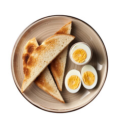 Top View of a Breakfast Plate with Toasted Bread Slices and Hard Boiled Eggs Cut in Half on a Light Brown Speckled Plate Isolated on a White Background Warm Toned Food Photography