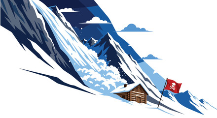 Flat vector avalanche of snow rushing down steep mountain slopes toward cabins. Ideal for winter hazard training, mountain safety guides, and environmental education