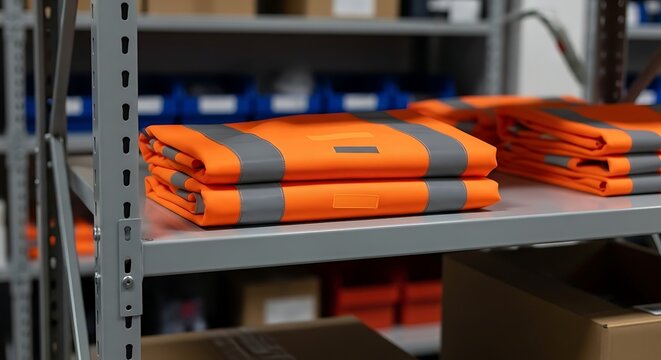 Bright orange high-visibility safety vests folded and stacked on a metal shelf in an industrial warehouse storage room