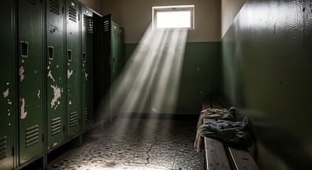 Dramatic light illuminates an old, forgotten locker room, creating a sense of mystery and solitude