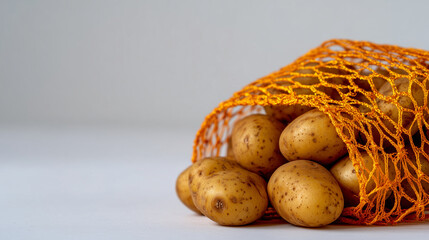 Minimalistic composition of orange mesh bag with potatoes on bright white surface, netting texture and earthy potato tones contrasting with background