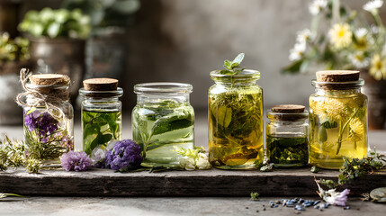Herbal infusion jars with fresh herbs and flowers, rustic apothecary arrangement conveying calming natural wellness