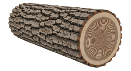 A close up view of a cut log showing the tree rings and the rough texture of the bark on the log